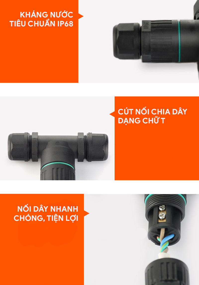 Cút nối dây điện chữ T chống nước IP68 CDF-200-3T