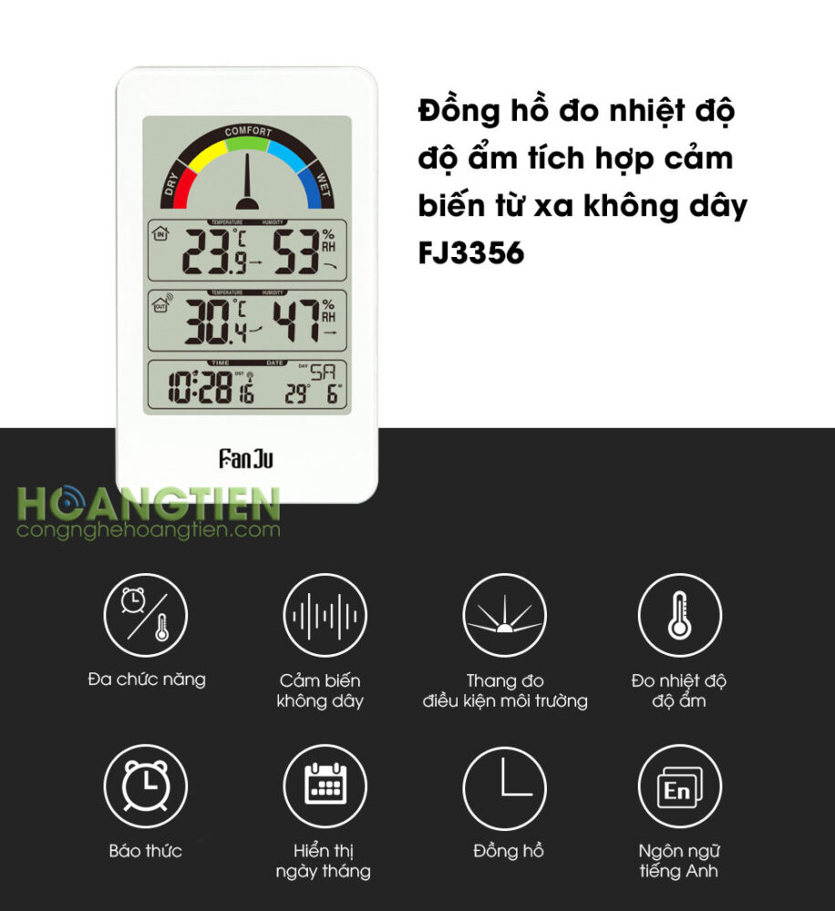 Đồng hồ nhiệt độ độ ẩm trong nhà và ngoài trời FJ3356