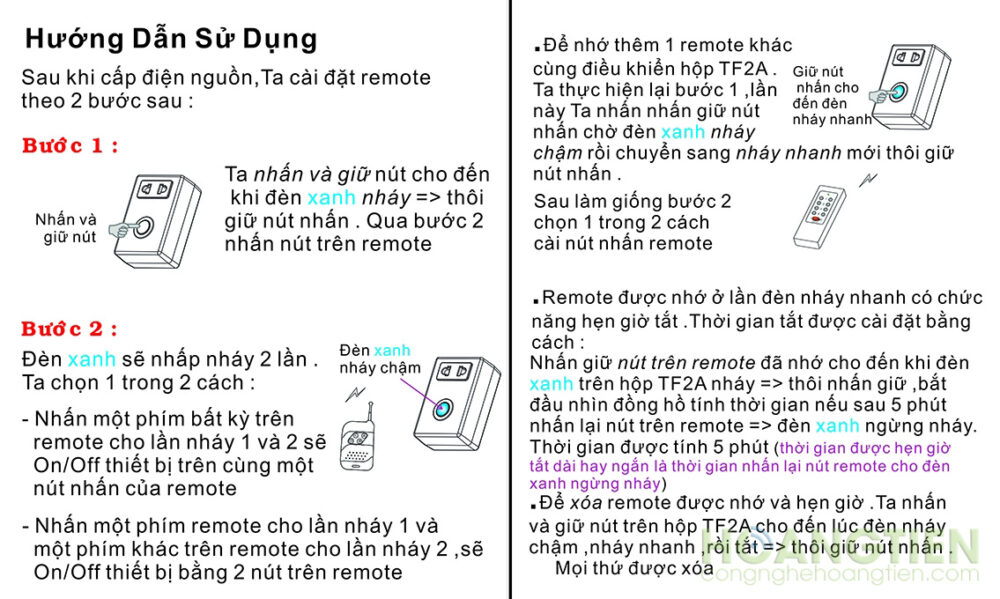 Ổ cắm điều khiển từ xa TPE TF2A hỗ trợ học lệnh remote RF xuyên tường 315Mhz, tiện dụng điều khiển thiết bị ở khoảng cách xa: – Học lệnh remote RF 315Mhz – Công suất : 2000w – Điều khiển từ xa on/off cho 1 thiết bị – Có chức năng hẹn giờ tắt từ 1 giây đến 24 giờ với một nút nhấn riêng ,thuận tiện cho cài đặt và xóa thời gian được dễ dàng